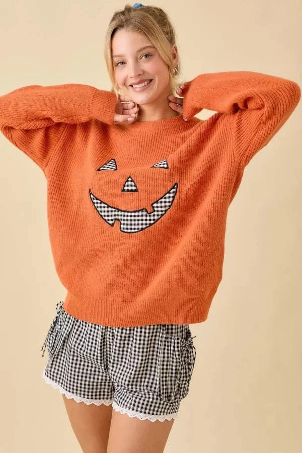 Gingham Pattern Patchwork Pumpkin Face Sweater