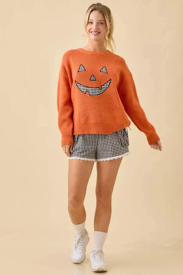 Gingham Pattern Patchwork Pumpkin Face Sweater