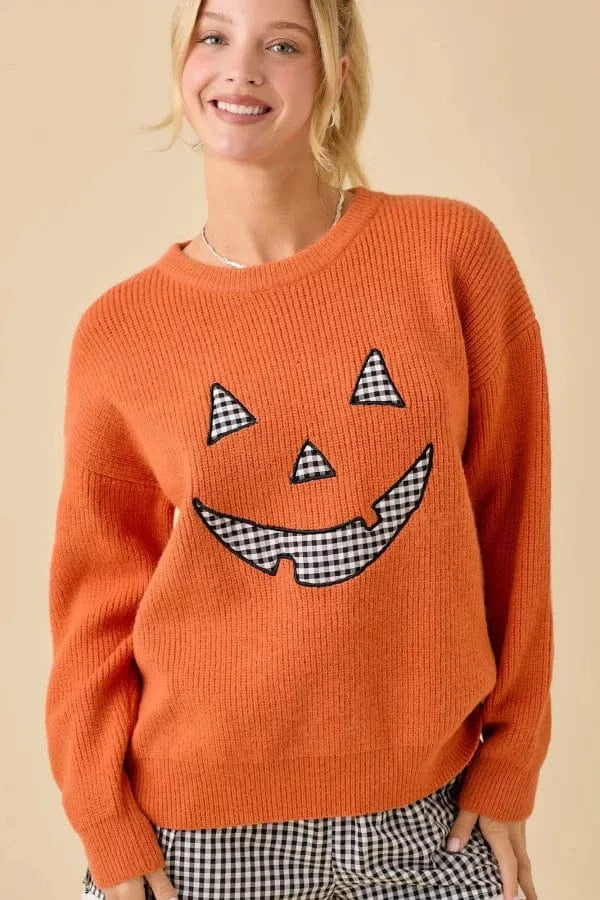 Gingham Pattern Patchwork Pumpkin Face Sweater