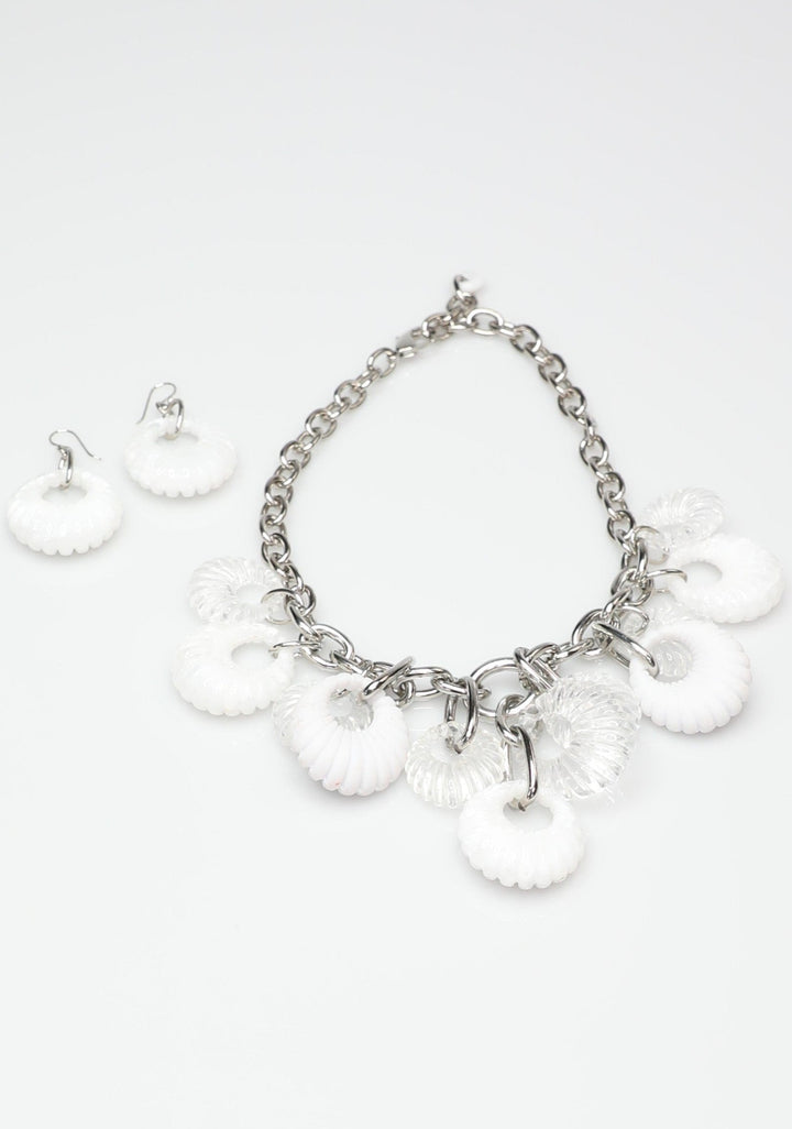 Glacier Necklace with Silver Chain and Clam Shaped Charms in White and Clear