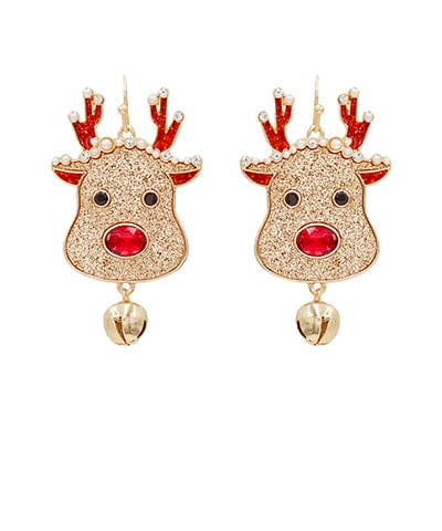 Glitter and Pearl Covered Rudolph the Red Nose Reindeer Head Dangle Earrings with Bells