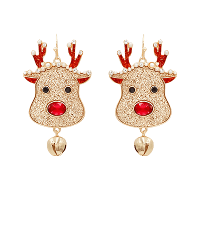 Glitter and Pearl Covered Rudolph the Red Nose Reindeer Head Dangle Earrings with Bells