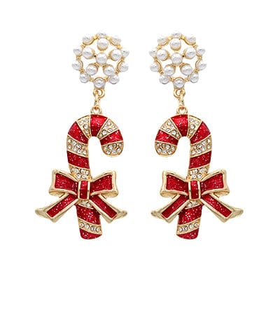 Glitter Enamel Christmas Candy Cane Pearl Cluster Drop Earrings