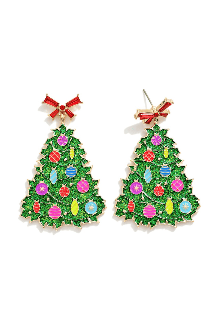 Glitter Enamel Christmas Tree and Crystal Bow Post Dangle Earrings