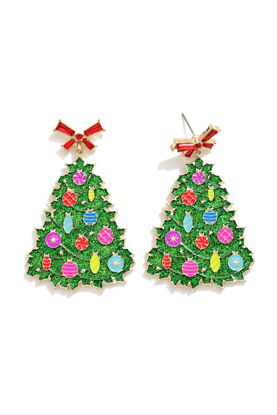 Glitter Enamel Christmas Tree and Crystal Bow Post Dangle Earrings