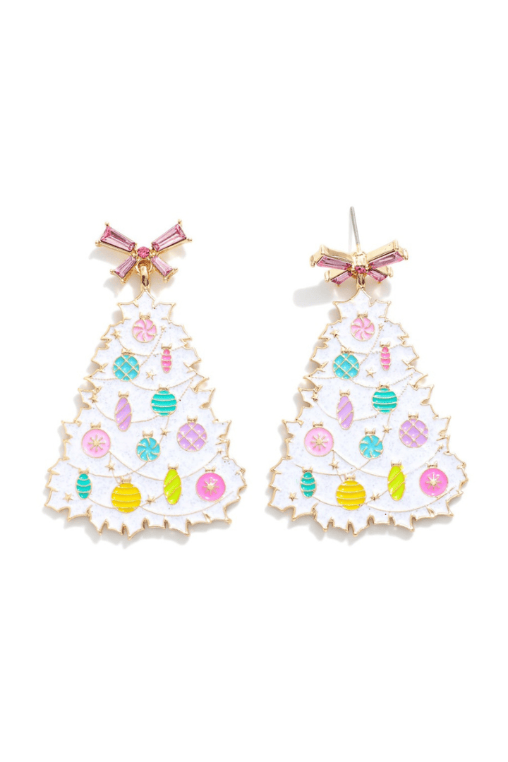 Glitter Enamel Christmas Tree and Crystal Bow Post Dangle Earrings