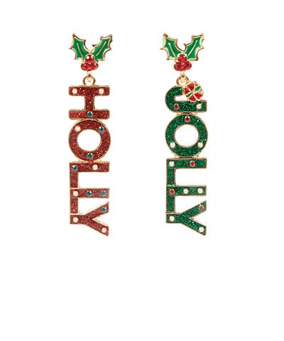 Glitter enamel Holly Jolly Drop Earrings with Holly Berry Posts