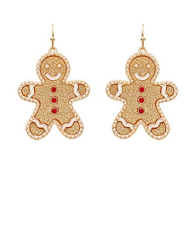 Glitter Enamel Pearl Outlined Gingerbread Man Christmas Dangle Earrings