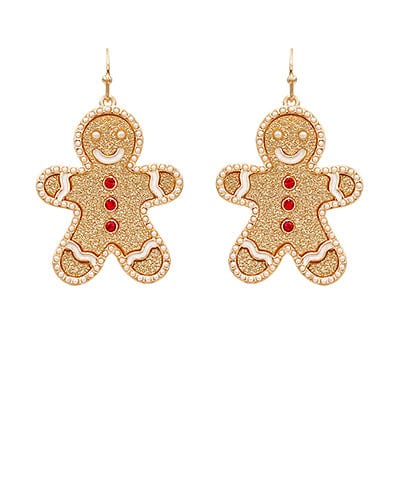 Glitter Enamel Pearl Outlined Gingerbread Man Christmas Dangle Earrings