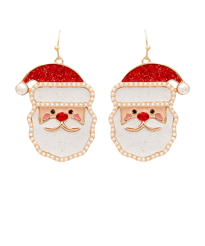 Glitter Enamel Pearl Outlined Santa Head Christmas Dangle Earrings