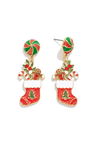 Glitter Enamel Stuffed Stocking Dangle Earrings