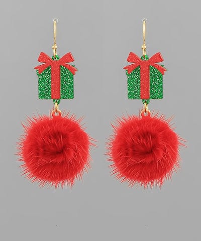 Glitter Gift Box PomPom Dangle Earrings