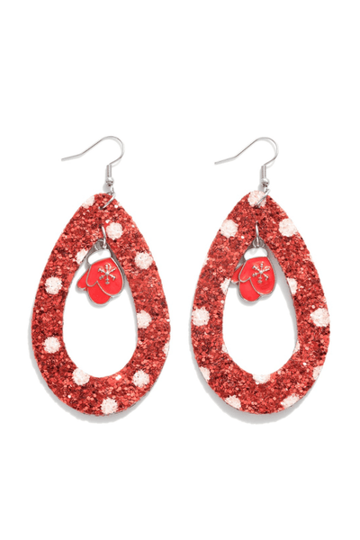 Glitter Polka Dot Teardrops with Snowflake Mitten Charms Christmas Statement Earrings
