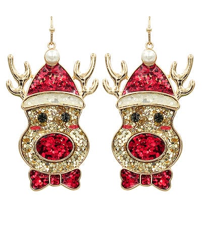 Glitter Red Nose Reindeer Christmas Dangle Earrings