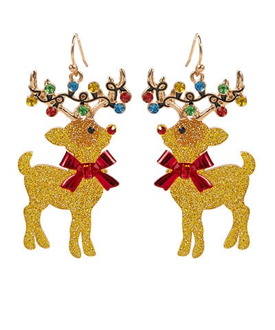 Glitter Red Nose Reindeer with Christmas Light Wrapped Antlers Dangle Earrings