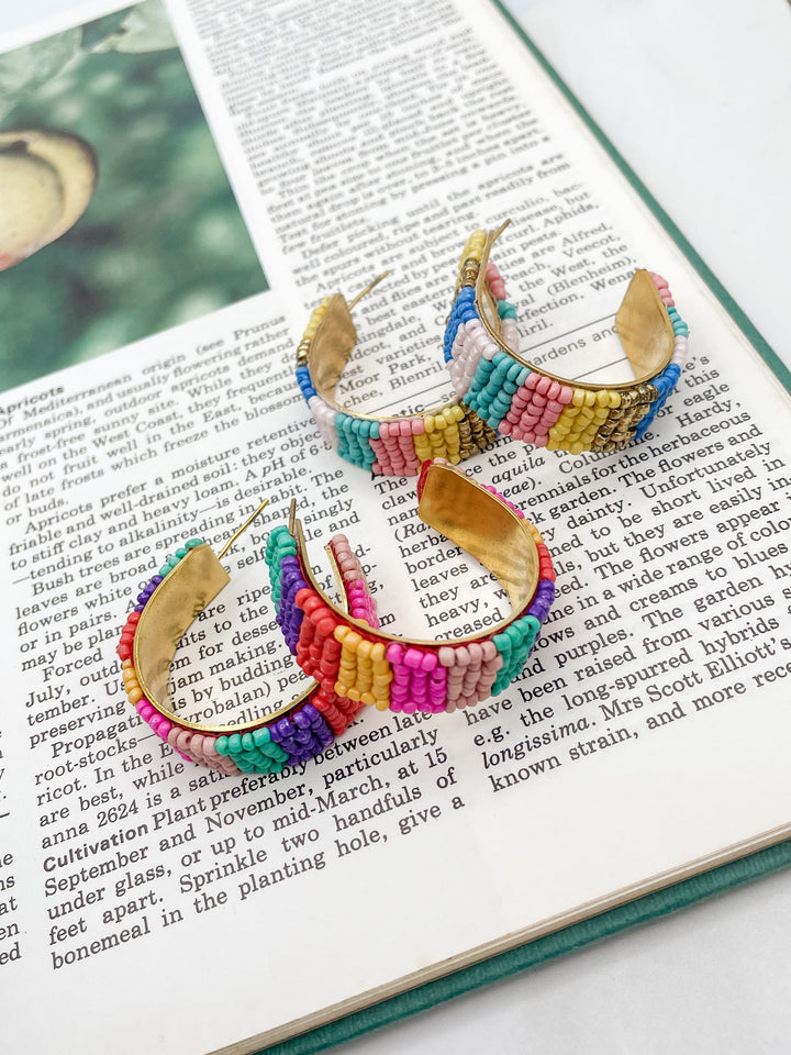 Gold Band Multicolor Seed Beaded Hoop Earrings