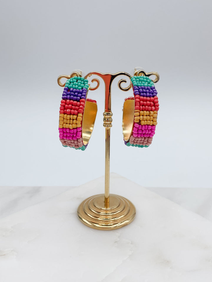 Gold Band Multicolor Seed Beaded Hoop Earrings