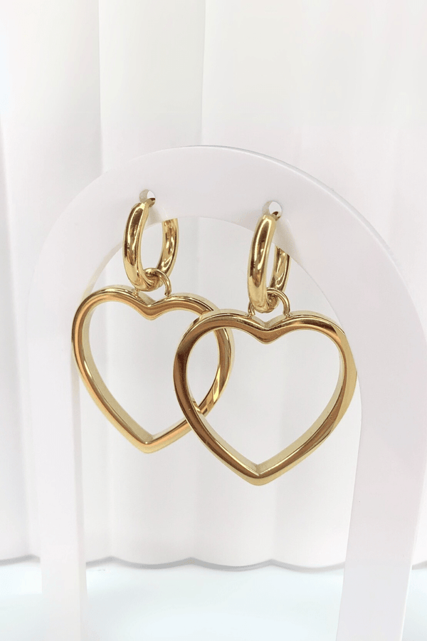 Gold Dipped Medium Heart Dangling Huggie Hoop Earrings