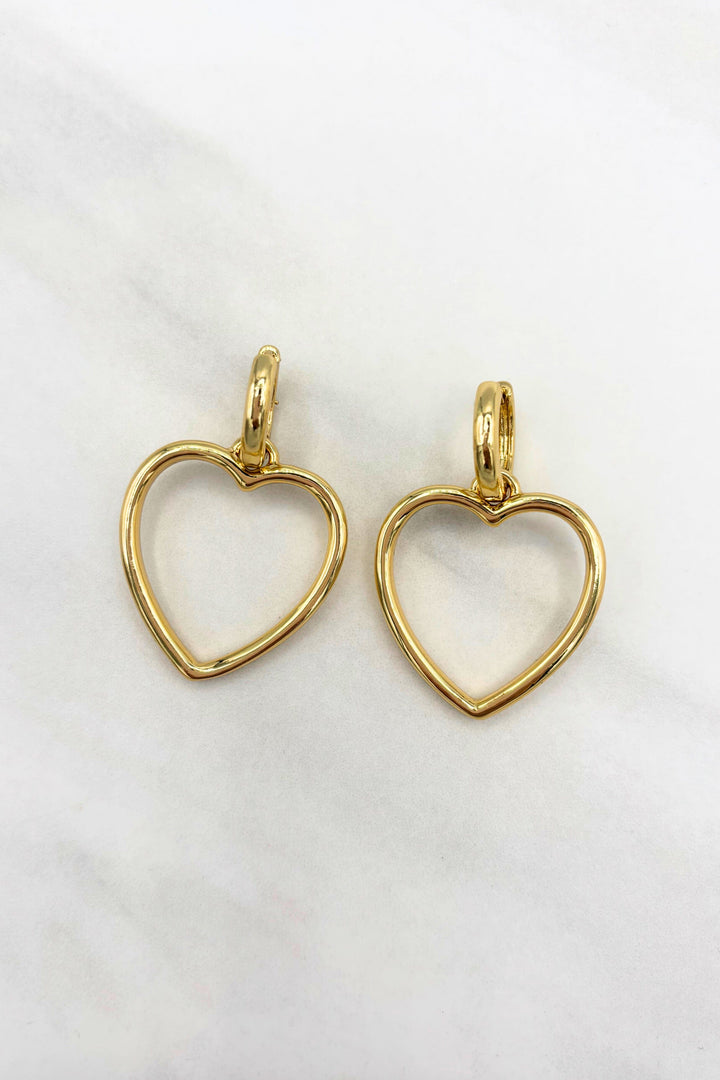 Gold Dipped Medium Heart Dangling Huggie Hoop Earrings