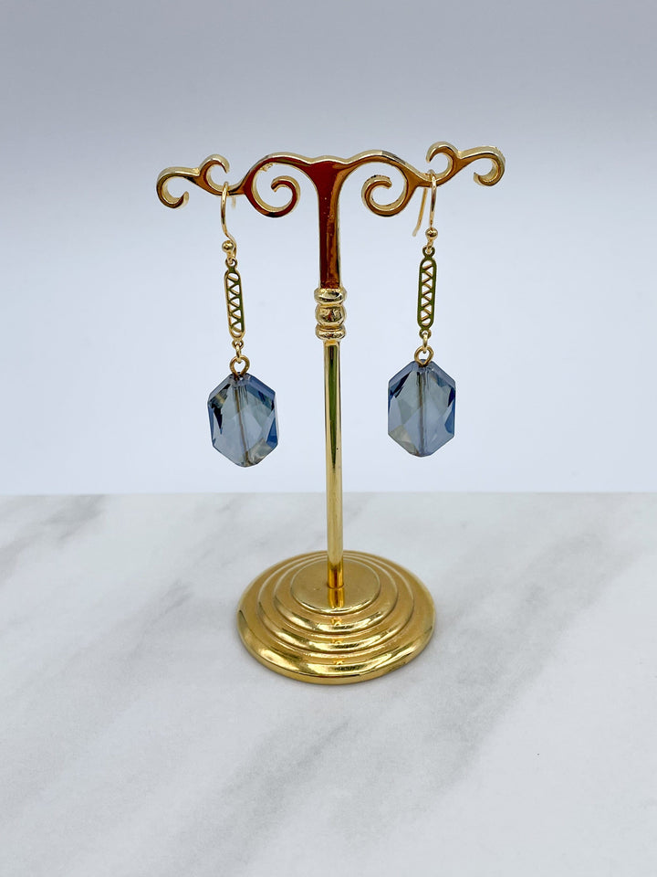 Gold Drop Earrings with Stone Blue Crystal Beads