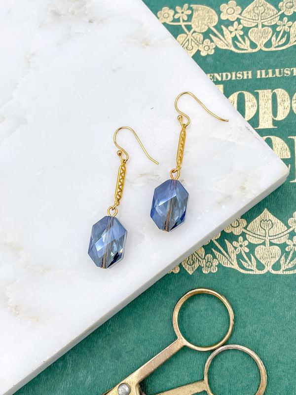 Gold Drop Earrings with Stone Blue Crystal Beads