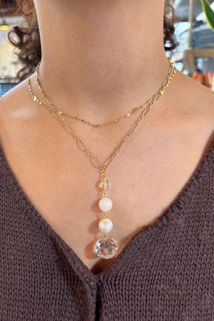 Gold Drop Necklace with Pearl and Crystal Accents