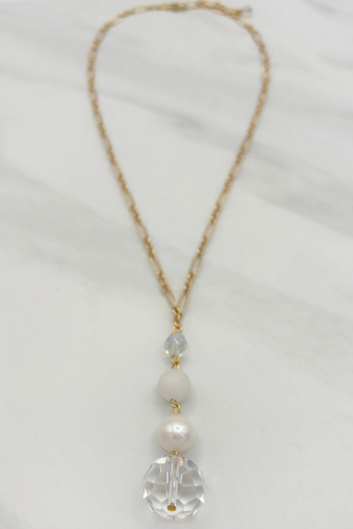 Gold Drop Necklace with Pearl and Crystal Accents
