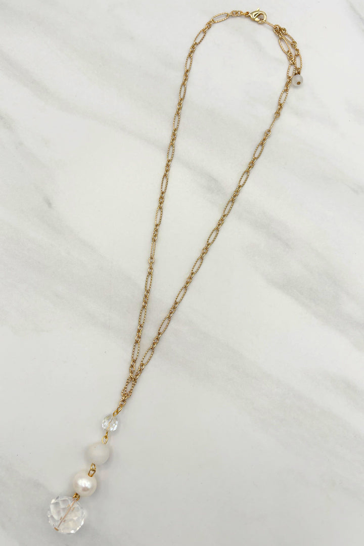 Gold Drop Necklace with Pearl and Crystal Accents