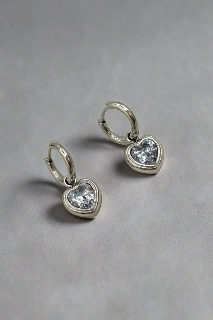 Gold or Silver Plated CZ Heart Hoop Huggie Dangle Earrings