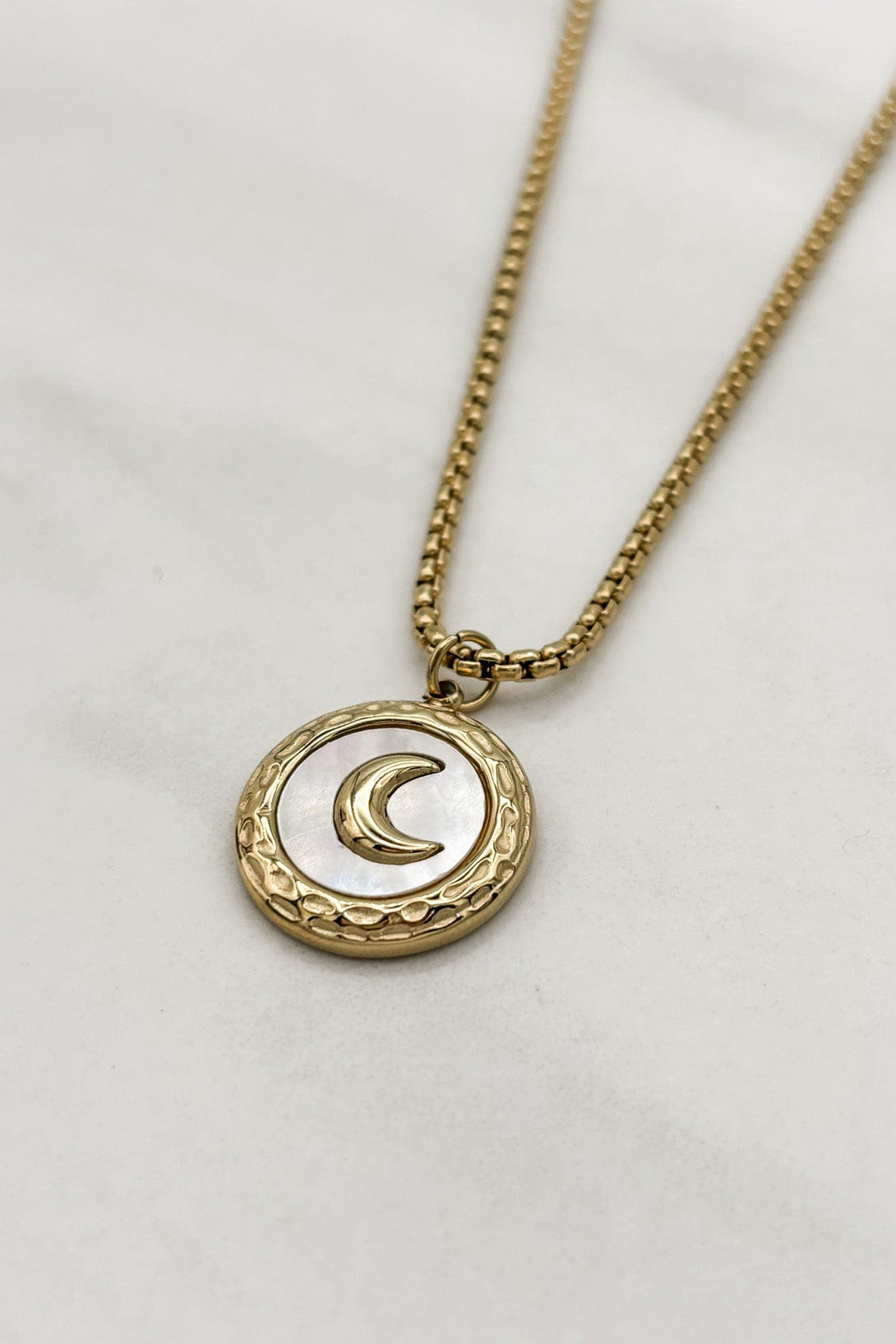 Gold Plated Crescent Moon and Natural Shell Box Chain Necklace