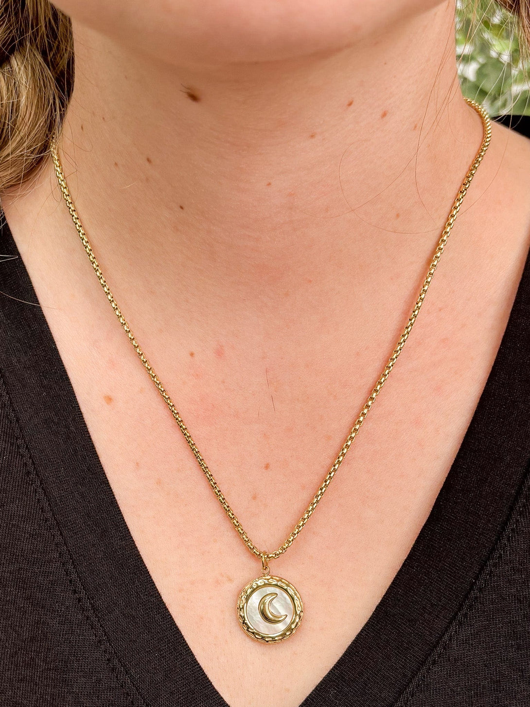 Gold Plated Crescent Moon and Natural Shell Box Chain Necklace