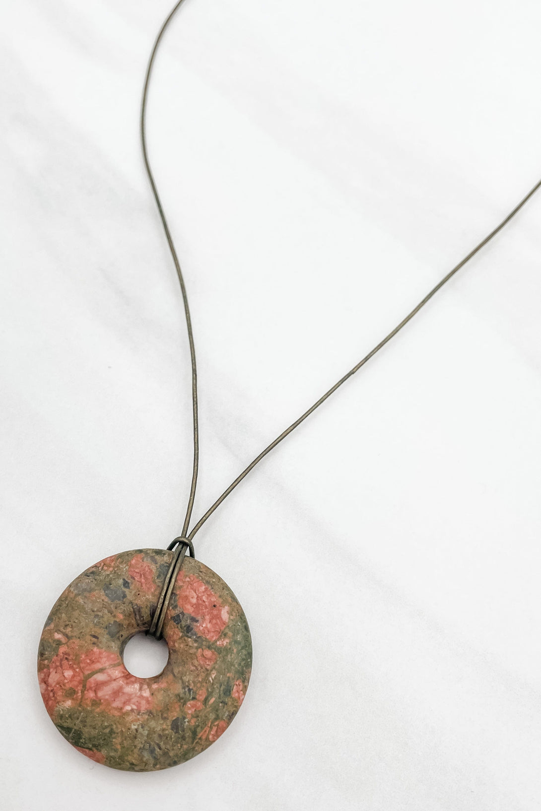 Grassy Earth Genuine Stone Disk Leather Cord Necklace