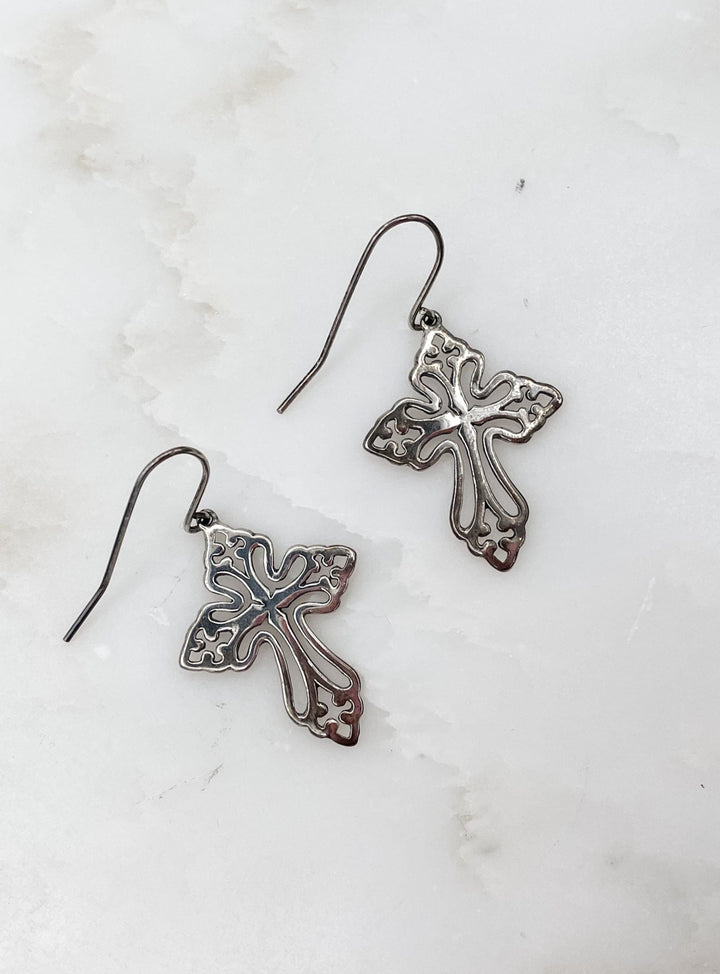 Gun Metal Ornate Cross Drop Earrings
