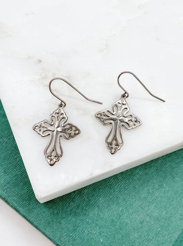 Gun Metal Ornate Cross Drop Earrings
