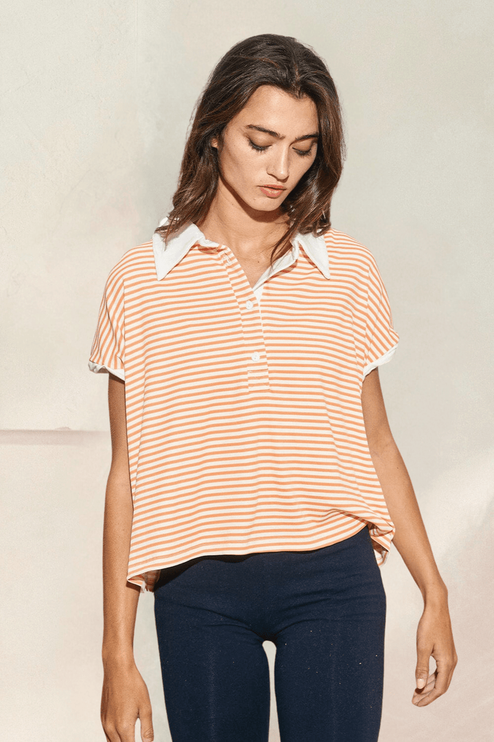 Half Button Placket Neckline Cropped Collared Stripe Top