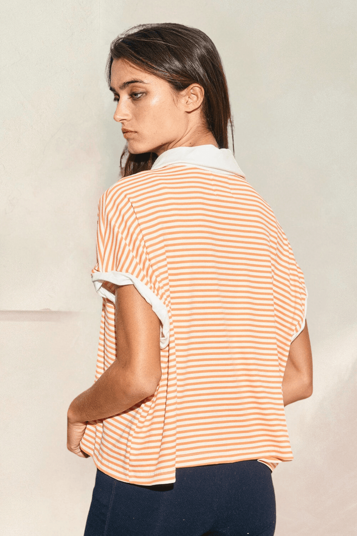 Half Button Placket Neckline Cropped Collared Stripe Top