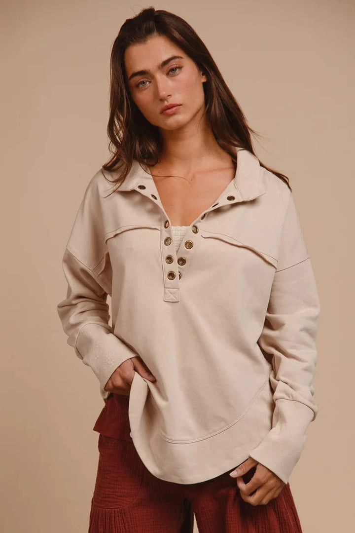 Half Eyelet Split Neck Thumbhole Cuff Sleeve Pullover