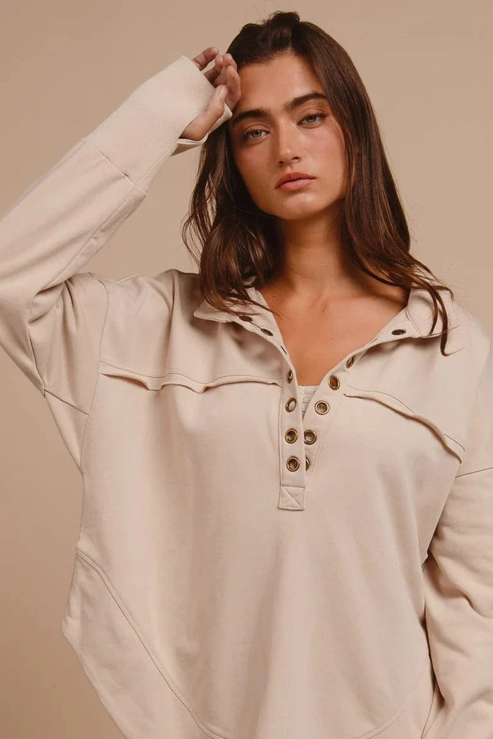 Half Eyelet Split Neck Thumbhole Cuff Sleeve Pullover