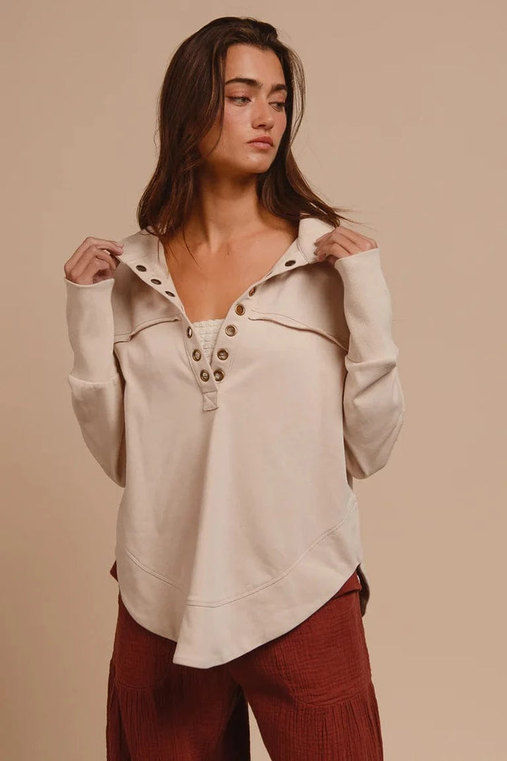 Half Eyelet Split Neck Thumbhole Cuff Sleeve Pullover