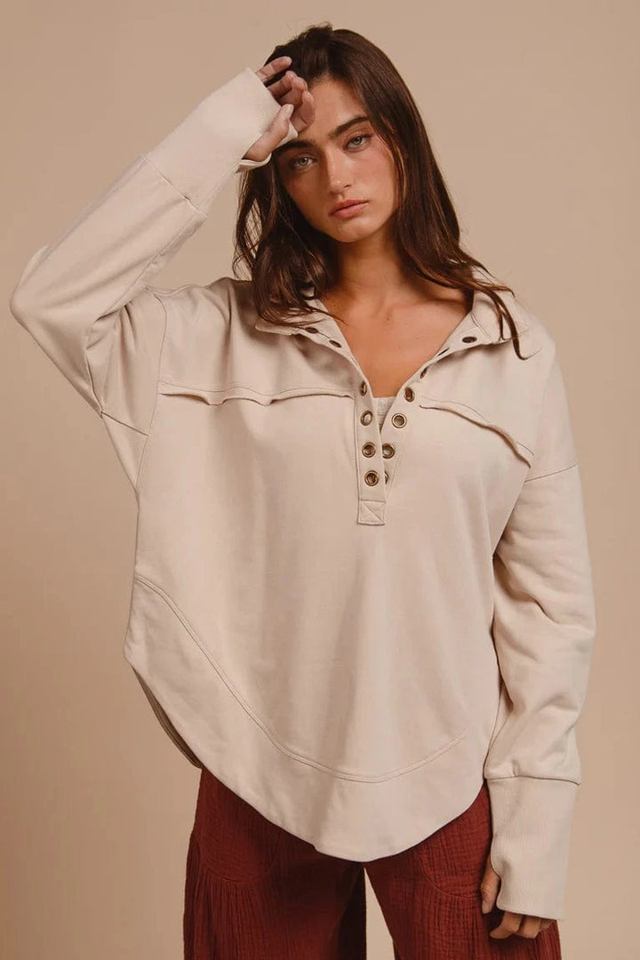Half Eyelet Split Neck Thumbhole Cuff Sleeve Pullover