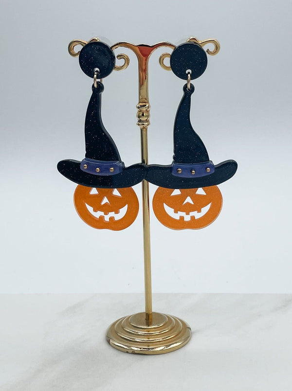 Halloween Resin Pumpkin with Hat Earrings