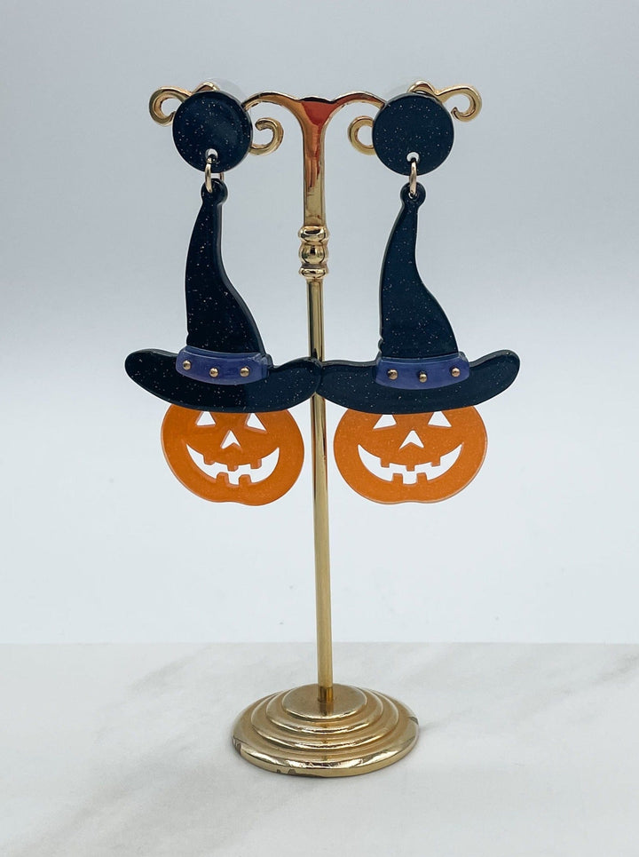 Halloween Resin Pumpkin with Hat Earrings
