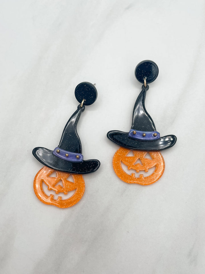 Halloween Resin Pumpkin with Hat Earrings