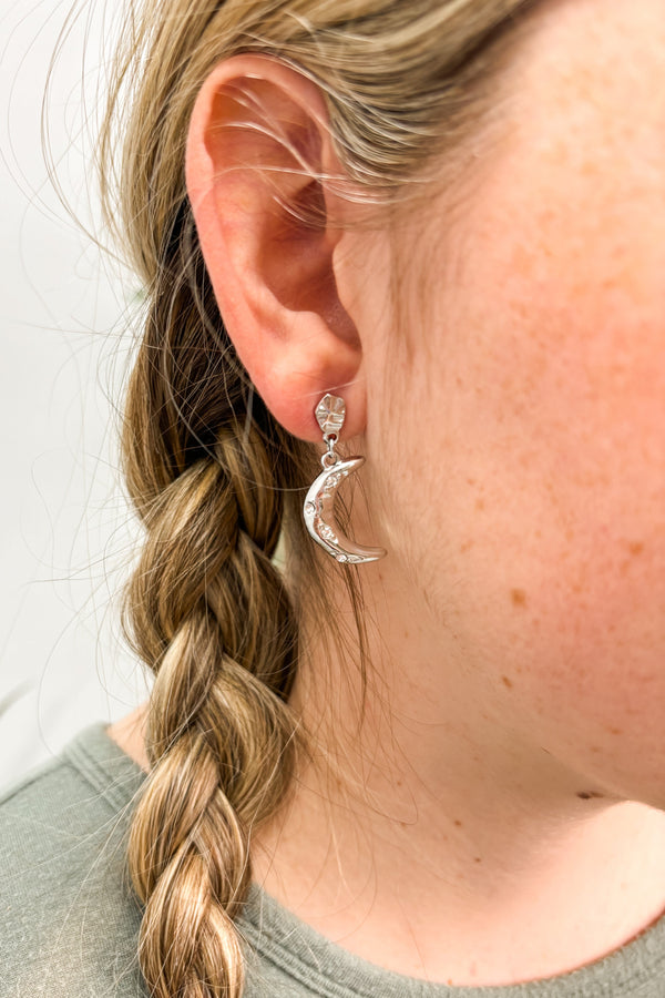 Hammered Crystal Encrusted Crescent Moon Earrings