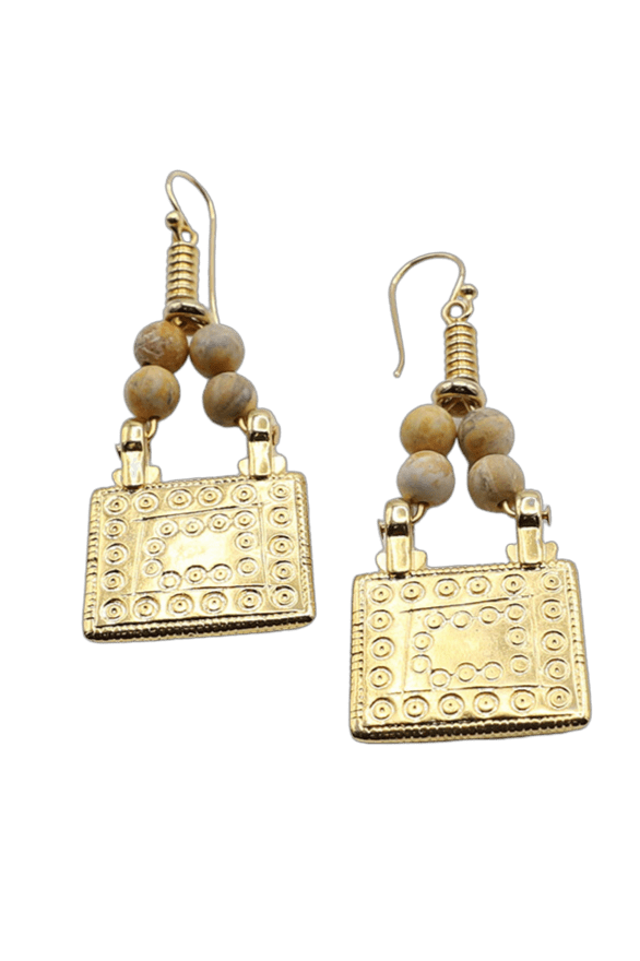Handmade Dangle Earrings with Stones and Square Gold Charm