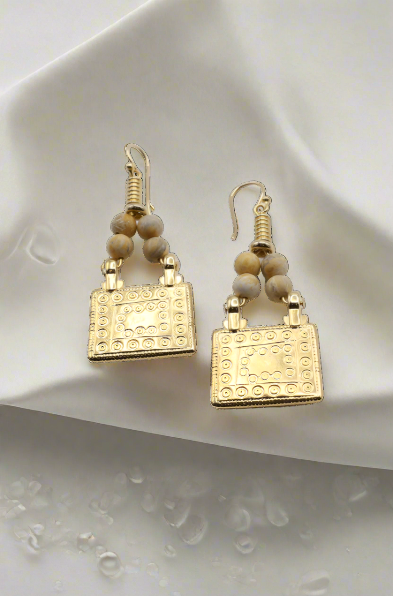 Handmade Dangle Earrings with Stones and Square Gold Charm