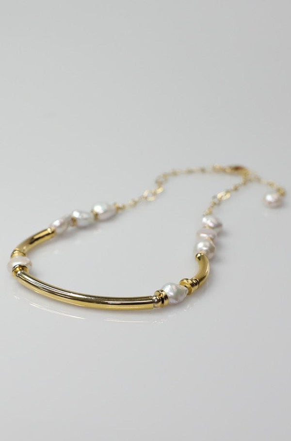 Handmade Gold Tube Bead and Freshwater Pearl Necklace