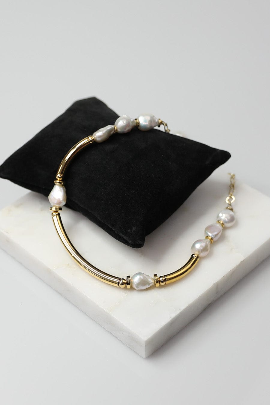 Handmade Gold Tube Bead and Freshwater Pearl Necklace