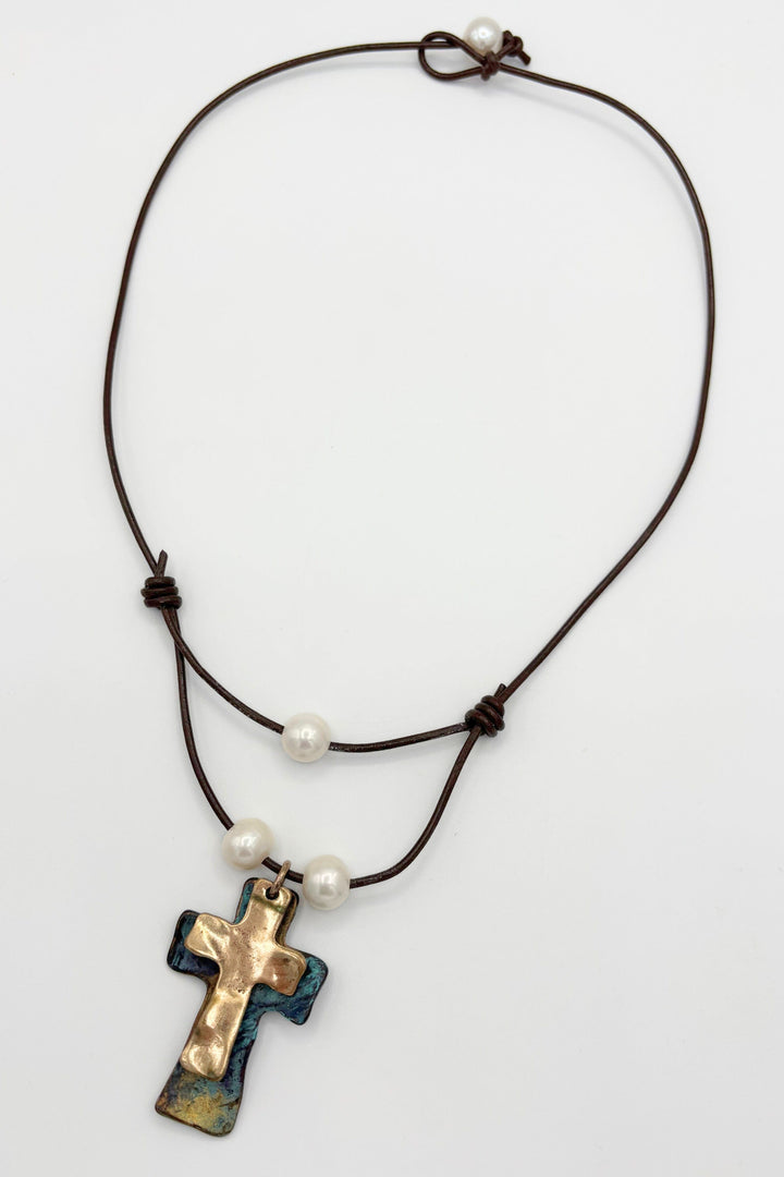 Handmade Leather Cord Necklace with Pearls and Crosses