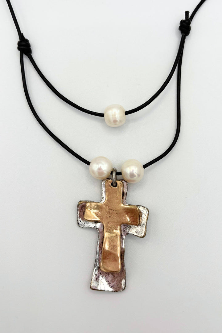 Handmade Leather Cord Necklace with Pearls and Crosses